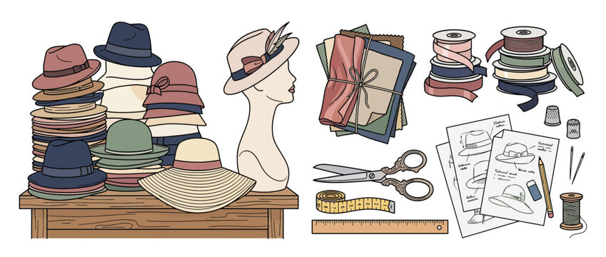 Vintage hat making supplies and design sketches