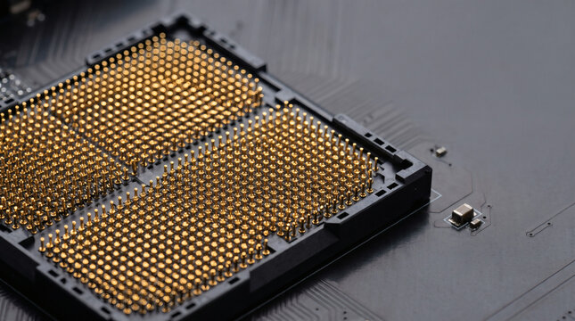 Detailed view of gold pins in a motherboard cpu socket