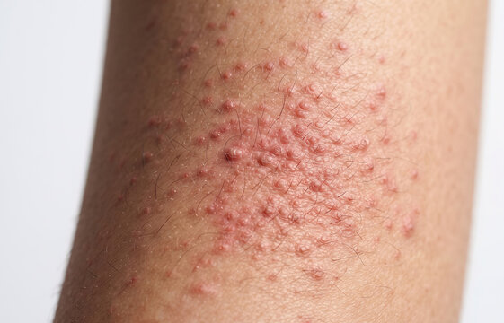 Dense follicular papules of keratosis pilaris or acute folliculitis rash on human arm skin close up
