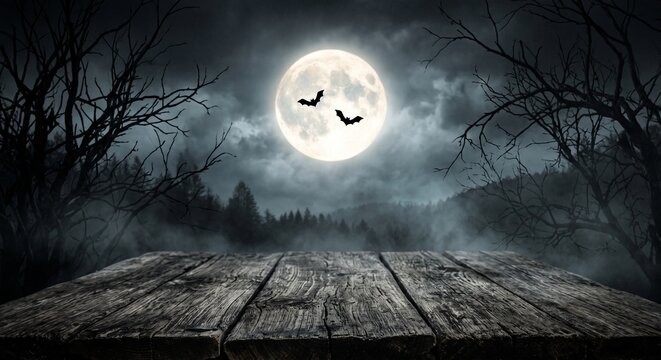Spooky halloween night background with full moon bats and wooden table, sinister
