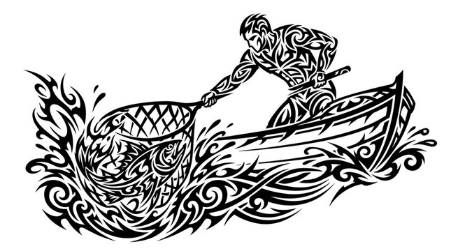 Tribal tattoo style man netting catch for gone fishing vector