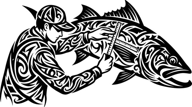 Tribal art measuring a trophy catch for gone fishing vector