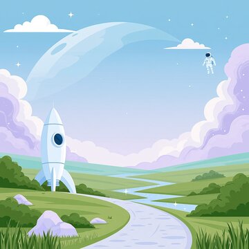 Pixel art rocket ship in a grassy landscape with an astronaut floating in the sky