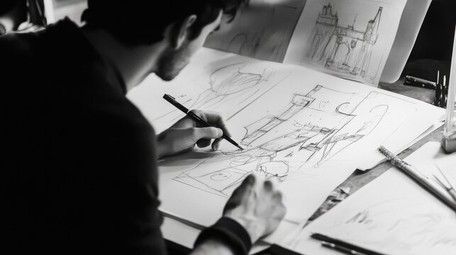 Architect creates detailed concept sketches on paper at a drafting table.