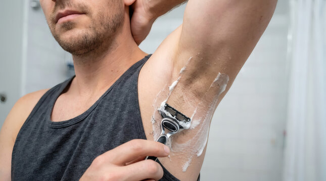Man Shaving Armpit With Razor and Shaving Cream In Bathroom Grooming Routine For Personal Hygiene