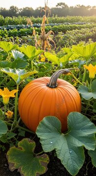 Bright Orange Pumpkin Growing in Lush Green Garden.