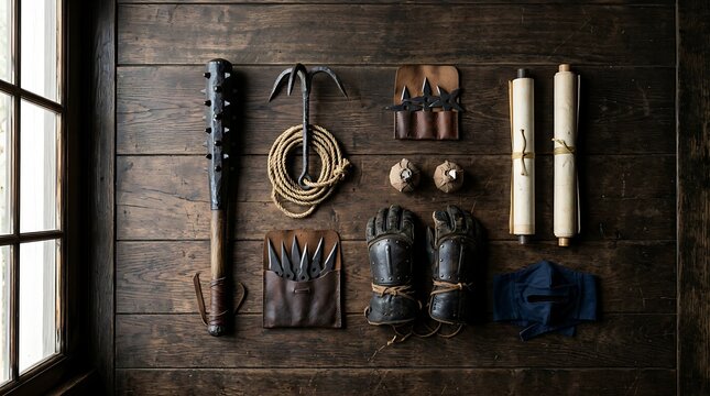 Traditional ninja equipment featuring a heavy spiked club grappling hook throwing stars and leather gauntlets on a rustic wooden floor