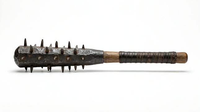 Medieval kanabo war club featuring heavy iron studs and a sturdy wooden handle isolated against a clean white studio background