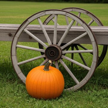 Bright Orange Pumpkin Resting on Old Wooden Wagon Wheel.