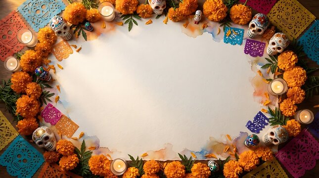 Traditional day of the dead border featuring marigold flowers colorful paper cutouts sugar skulls and warm glowing candles on paper