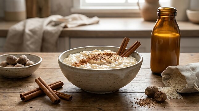 Creamy flame-nutmeg rice pudding served in a rustic ceramic bowl on a wooden table, decorated with cinnamon sticks, raw rice, and whole nutmeg.