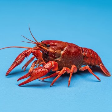 Bright red crayfish isolated on solid blue background.