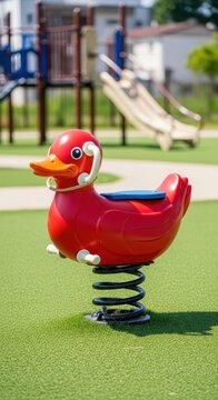Bright red duck spring rider in a sunny playground.