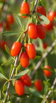 Bright Red Goji Berries Growing on Green Plant Stems.