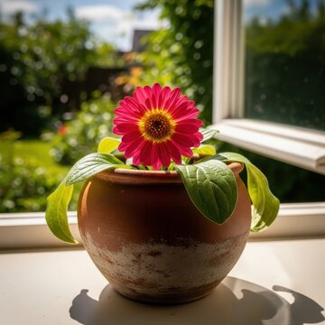 Bright red gerbera daisy in terracotta pot by window.