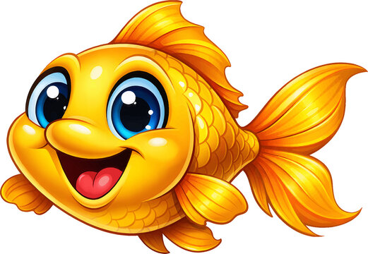 Cheerful cartoon fish character with large blue eyes, golden scales, flowing fins, and a friendly smiling expression