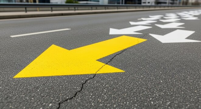 Bright yellow arrow painted on cracked asphalt road.