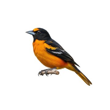 Bright orange and black songbird perched on branch.