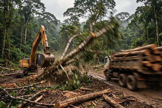 Yellow excavator knocking down a tall tree and a heavy logging truck driving on a muddy road during active deforestation operations in a dense tropical rainforest