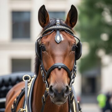 Brown horse with bridle in urban setting.