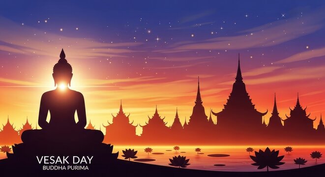 Buddha Statue Silhouette at Vesak Day Sunset.