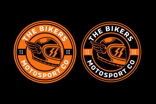 Biker helmet with wings retro badge logo design set for racing. Winged motorcycle helmet vintage patch symbol pack for biker club. Racing helmet with lightning rustic emblem element for motorsport