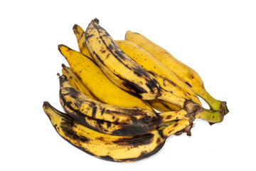 Overripe Nendran Plantain Bananas with Dark Spots, Kerala Fruit on White © Senalfred