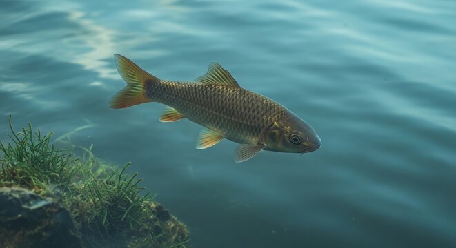 Brown trout swimming in clear freshwater river.