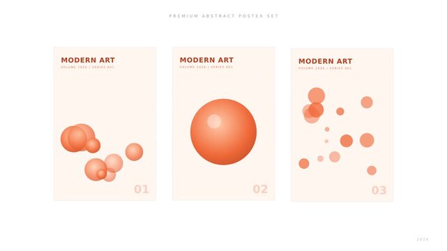 Modern art poster set with 3 abstract 3D sphere designs. Minimalist geometric covers. Contemporary graphic layout.