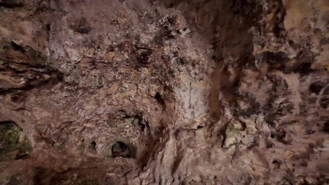 Rugged cave walls show ancient stone carvings and green moss. Dark crevices hint at hidden chambers or secret passageways. Faint light reveals textures, age, and untouched history