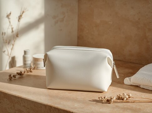 White cosmetic pouch on a stone counter with a towel, skincare bottles, and dried flowers under soft morning sunlight.