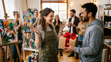 Obraz premium Joyful Art Studio Gift Exchange Celebrating Southern Hemisphere Spring Summer Vibes The joy of receiving a gift box