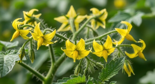 Bright Yellow Tomato Blossoms on Green Plant.