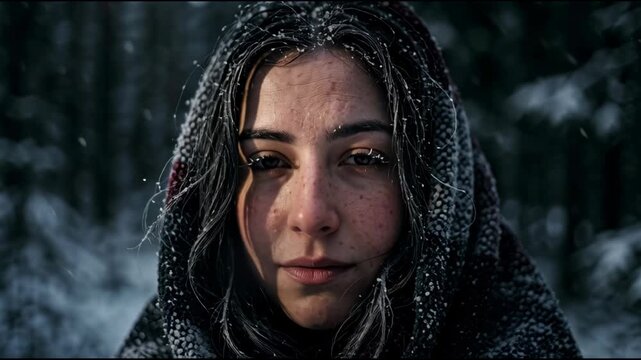Thoughtful young woman in patterned shawl in a dark winter pine forest