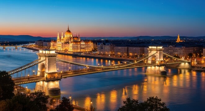Budapest Chain Bridge and Parliament at Dusk.