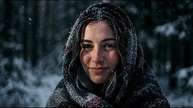 Thoughtful young woman in patterned shawl in a dark winter pine forest