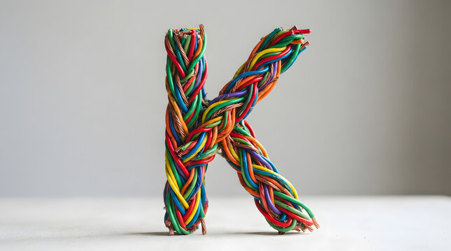 Alphabet letter k constructed from braided colorful electrical wires for creative signage typography project art.
