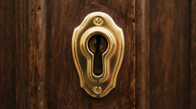 Antique brass keyhole on aged wooden door showcasing vintage security and architectural detail for historical themes.