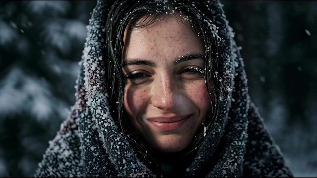 Thoughtful young woman in patterned shawl in a dark winter pine forest