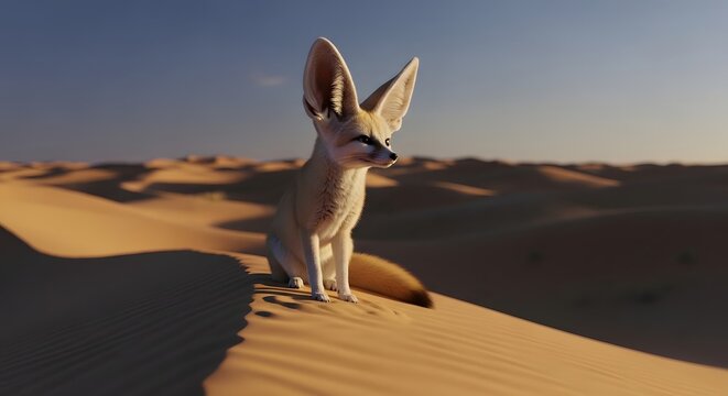 Fennec Fox Sitting on Desert Dune at Sunset.