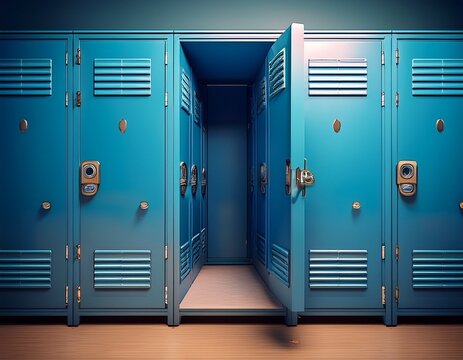 empty blue school lockers with one door open generative ai