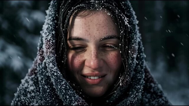 Thoughtful young woman in patterned shawl in a dark winter pine forest