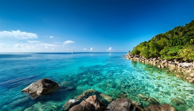 clear shallow sea laps against a rocky tropical shore with a lush green headland stretching into the calm ocean