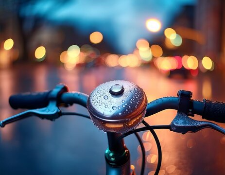 wet bicycle bell with raindrops on handlebars in city street at dusk with blurred background lights