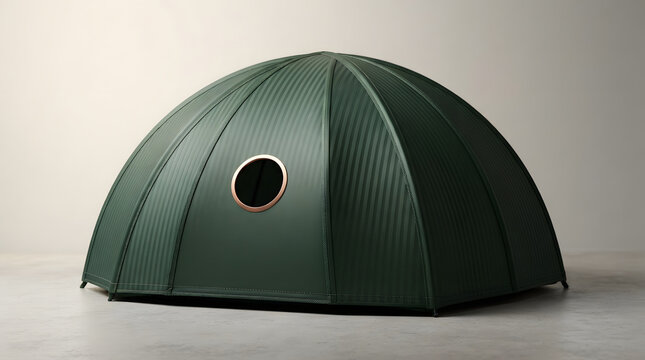 Modern dark green dome tent with corrugated texture and circular window for camping expeditions and outdoor shelters.