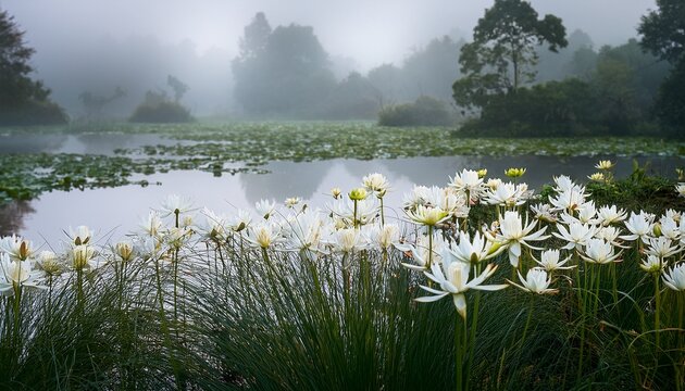 white aquatic flowers blooming in a pond serene water plants in a misty garden landscape