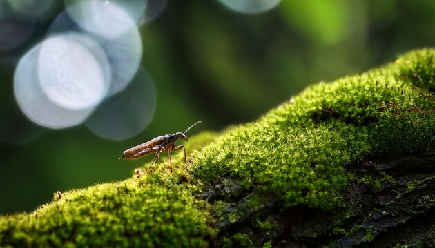 macro shot shows lush moss and small insect on tree bark