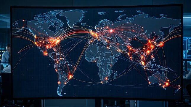 Global Network Connection with Digital World Map, Glowing Earth, Fiber Optic Light, Technology and Global Business Communication Concept
