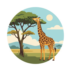 Obraz premium Giraffe eating leaves from acacia tree in African savanna landscape, isolated illustration