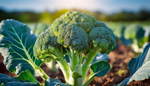 close up of broccoli florets with large green leaves growing in a field of rich dark soil vegetable